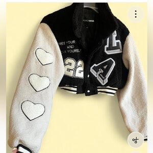 Black and Cream Varsity Jacket with Heart Patches